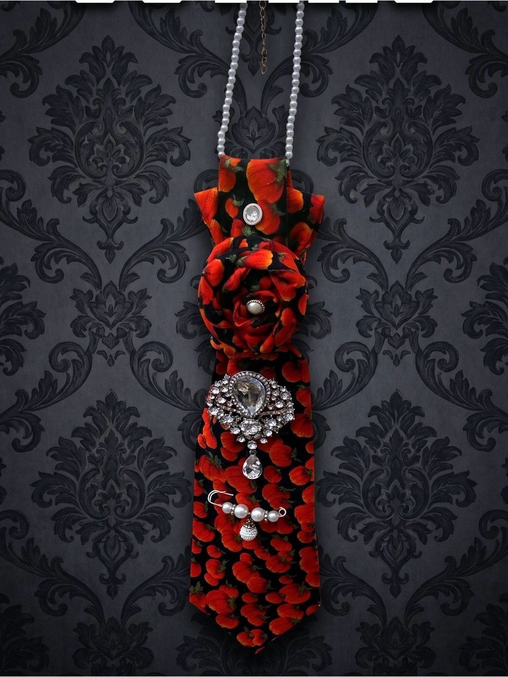 Handmade orange pumpkin and black necktie Necklace with Crystal Accentsa